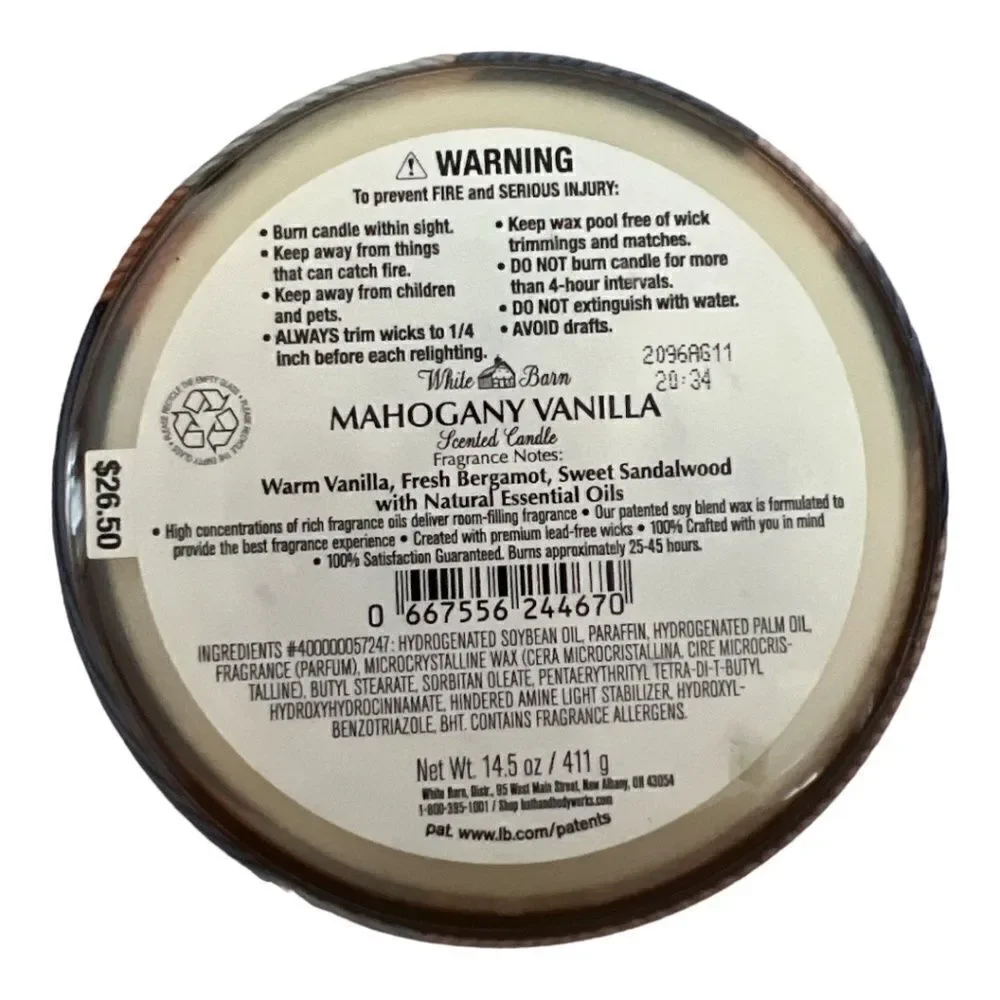 🆕 White Barn 3 Wick Candle Mahogany Vanilla
